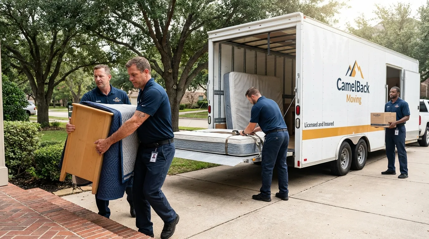 Crew loading residential truck for cross-state move from Fortville, IN