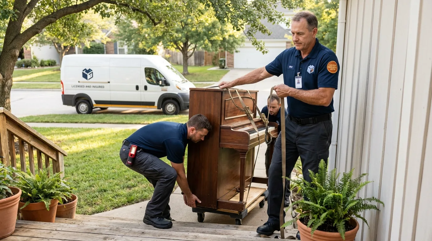 Licensed piano movers securing grand piano in Fortville, IN