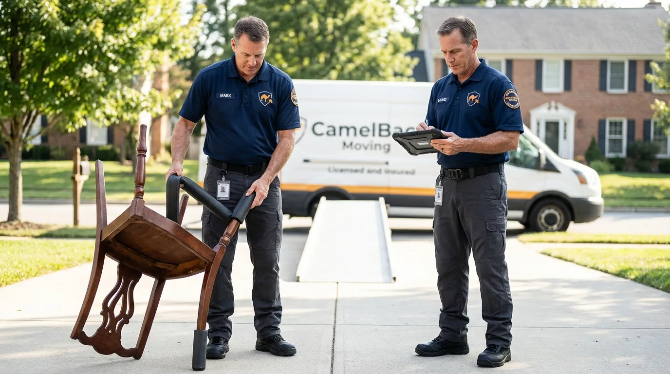 Movers inspecting furniture for damage prevention before loading in Fortville, IN