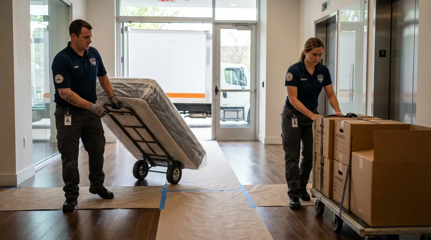 Professional apartment movers loading elevator in Fortville, IN