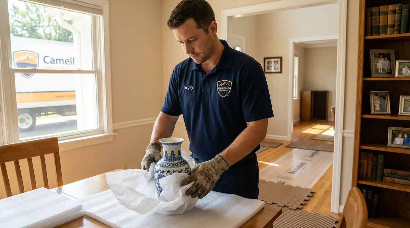 Professional crew carefully wrapping antique vase for senior downsizing move in Fortville, IN
